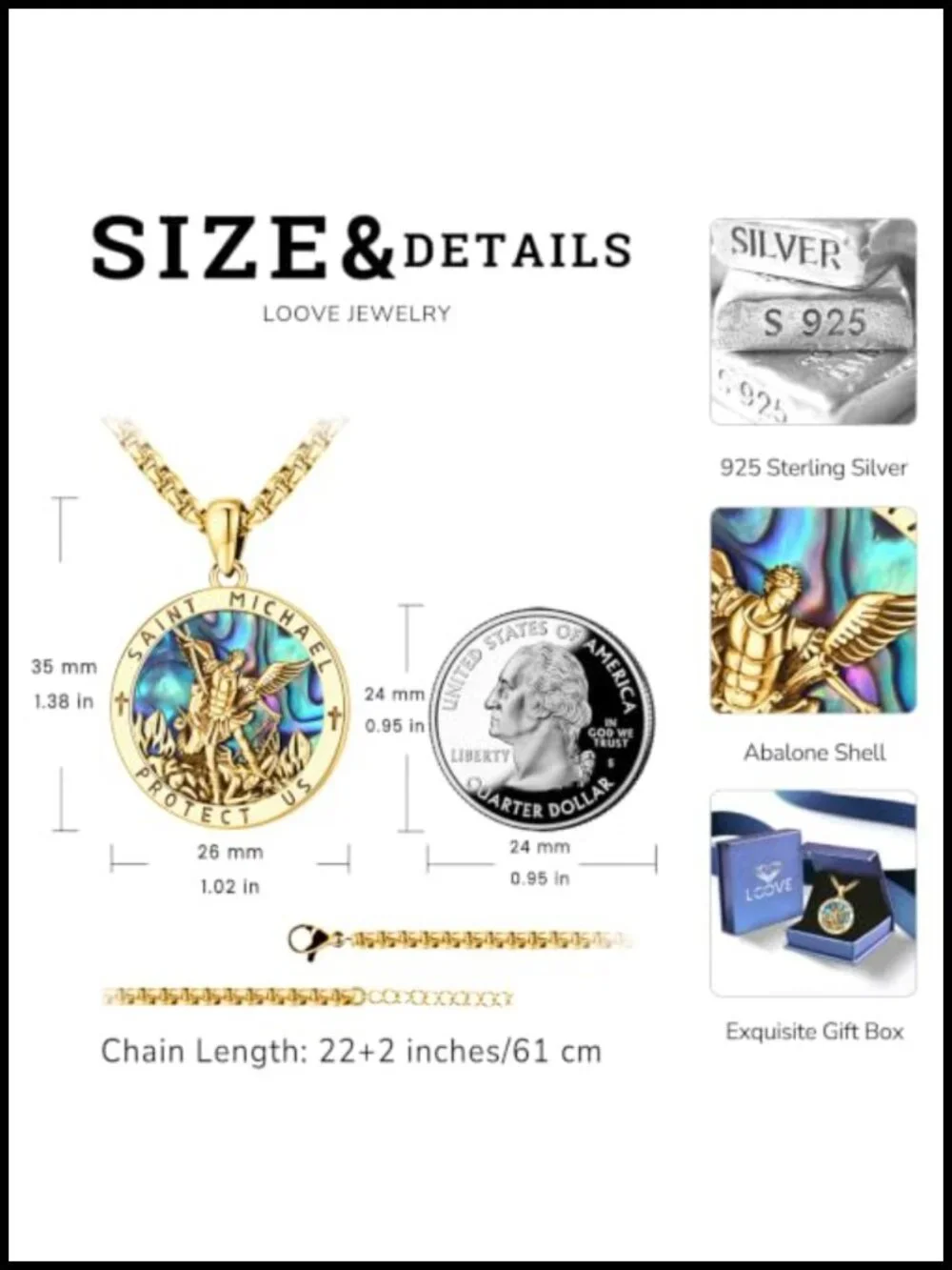 St Michael Pendant Necklace 925 Sterling Silver Gold Plated Religious Jewelry